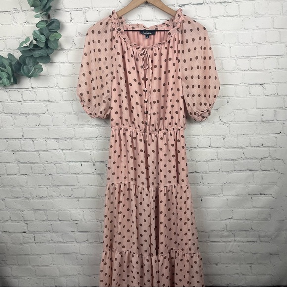 LULUS Love You Tier-ly Tiered Midi Blush Pink Brown Polka Dot Midi Dress size S - Picture 2 of 8